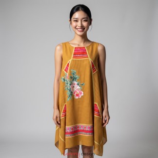Yellow A-line mesh dress with ethnic brocade and stone details